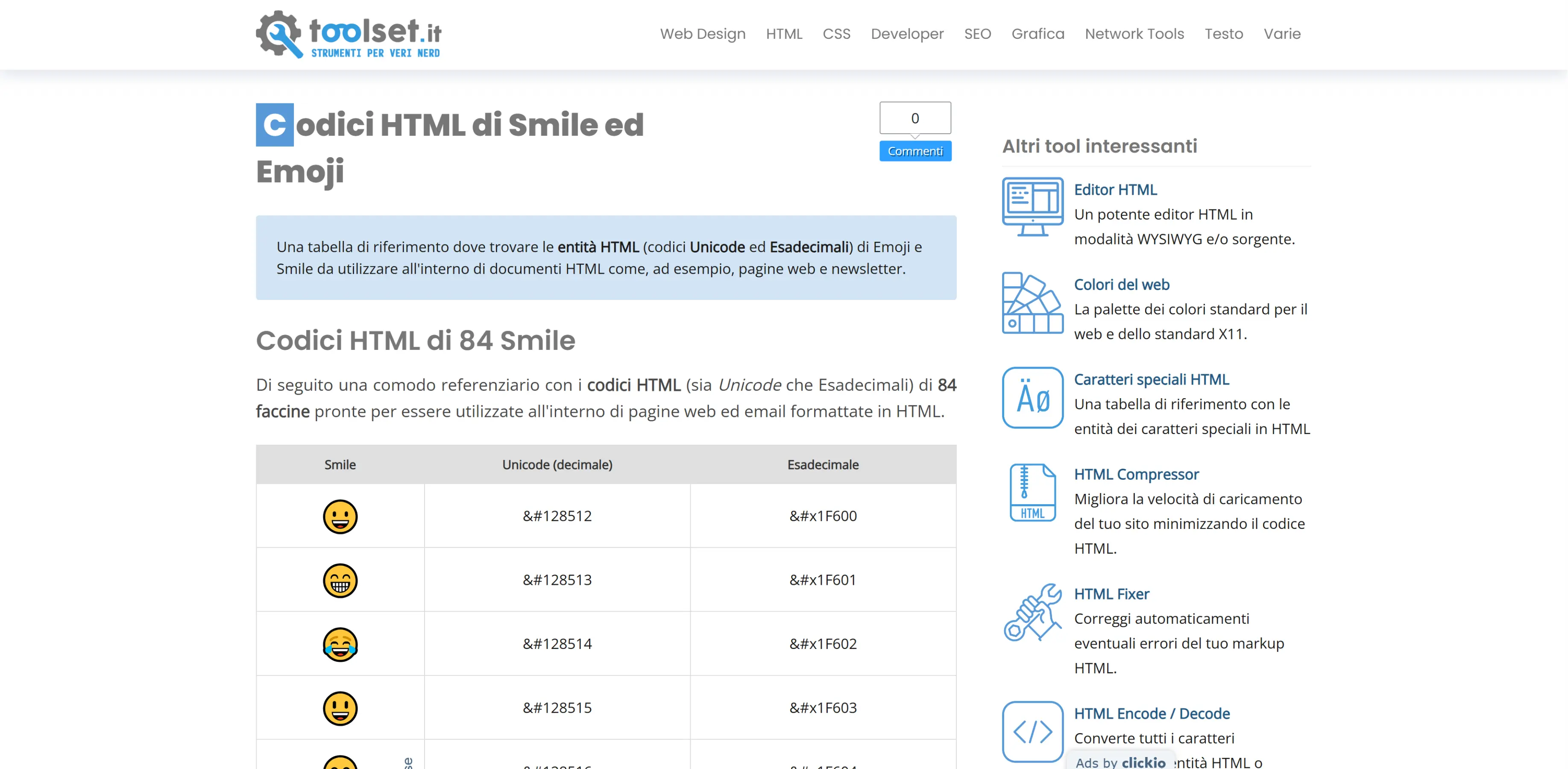 Codici HTML di Smile ed Emoji