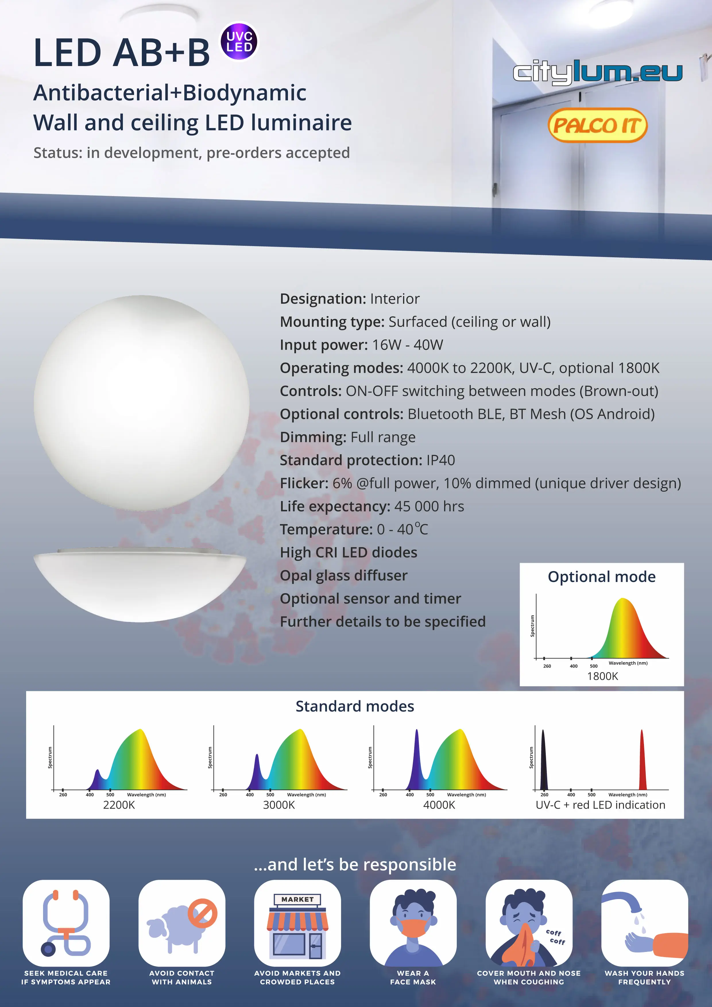 Biodynamické interiérové svietidlo s UV-C LED pre dezinfekciu prostredia
