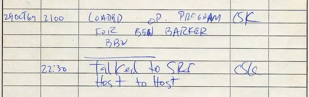 Záznam v prevádzkovom denníku o prvej komunikácie v sieti ARPANET